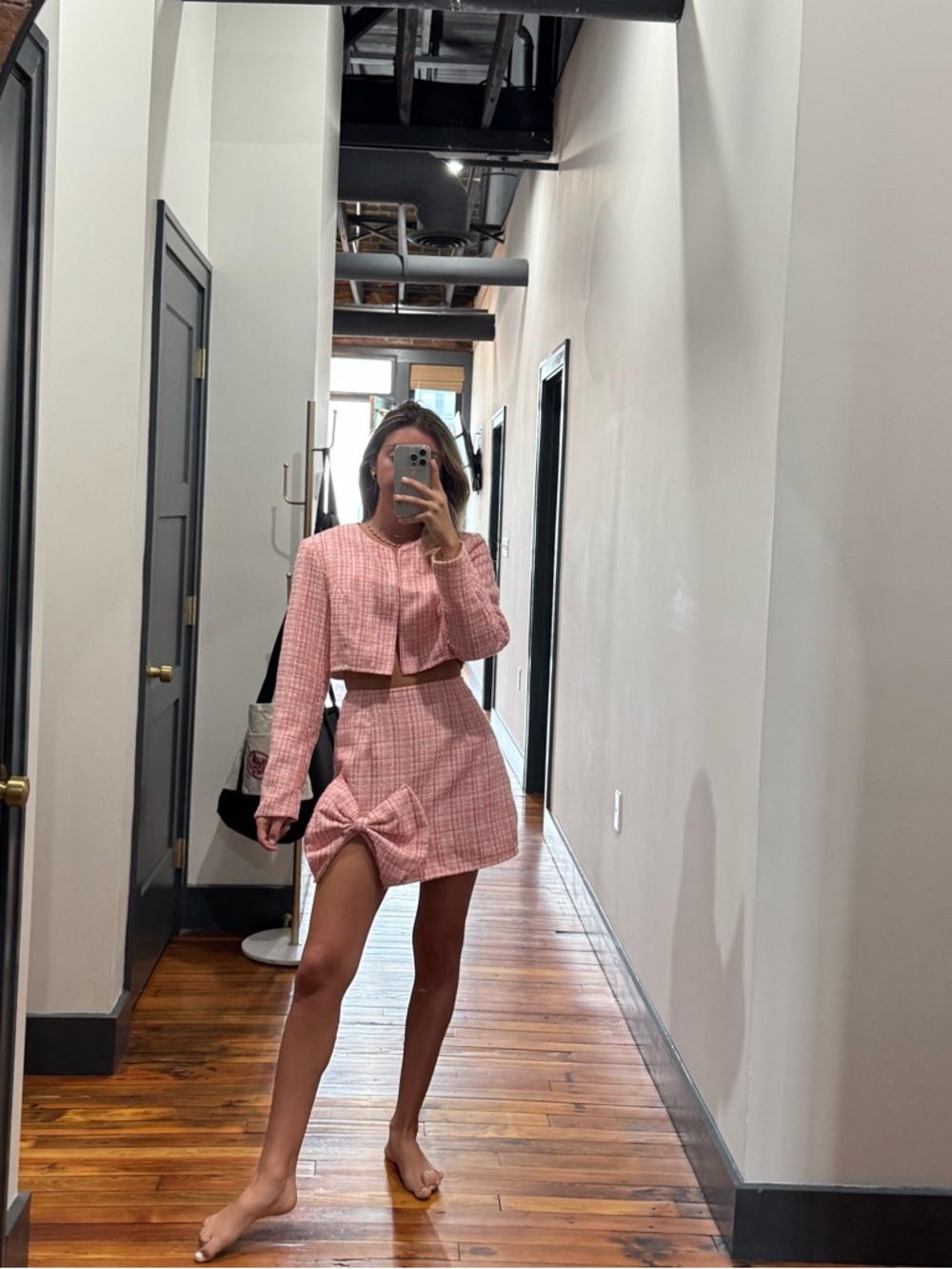 Pink Tweed Top & Skirt Set with Bow - Picture 1 of 7